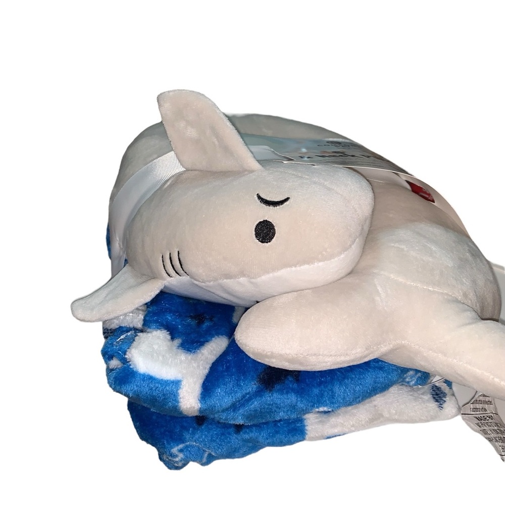 Kids Blue Shark Neck Pillow & Throw Blanket Set Plush Travel Comfort Kids NWT